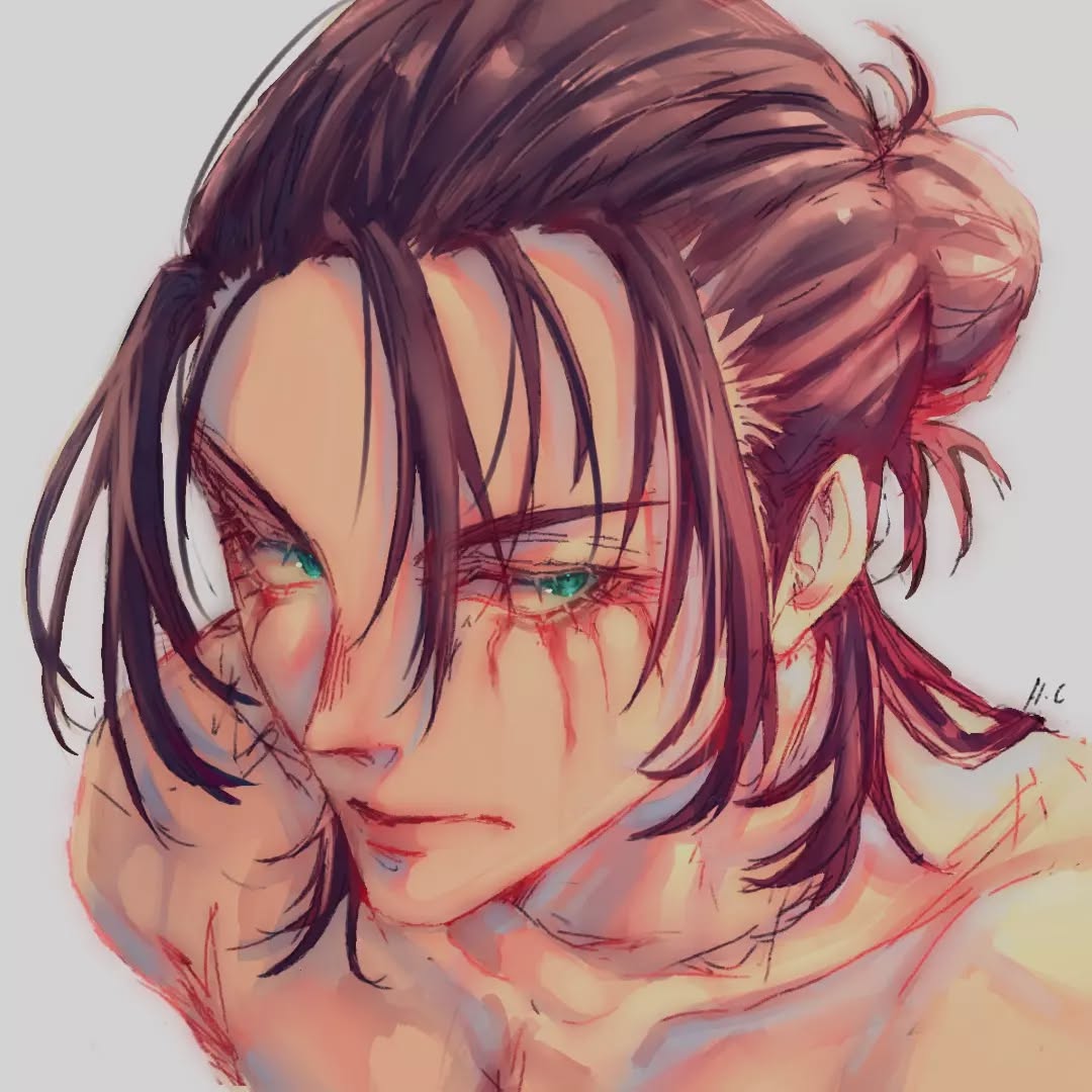 the image is a detailed closeup fanart depiction of levi ackerman from attack on titan.  his style is a blend of manga and digital art, showing him with his hair partially tied up in a bun.  he has noticeable red streaks that resemble blood or paint, running down his face, suggesting injury or battle. his gaze is intense, and his expression is a mixture of weariness and determination. the coloring is soft and painterly, with warm tones dominating the image. the overall style is artistic and evocative of emotion.