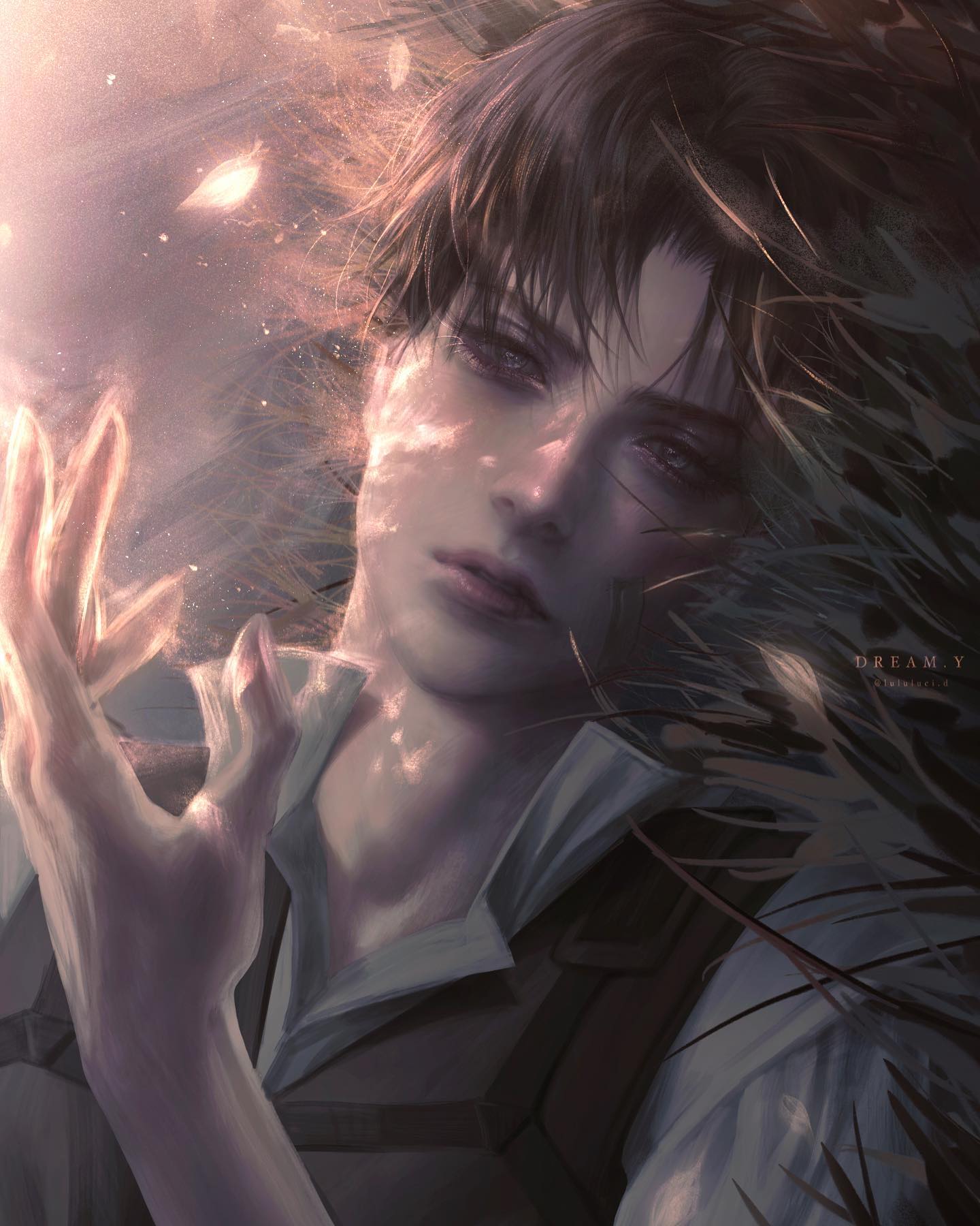 this is a digital art piece featuring a young anime male with brown hair and blue eyes. he is wearing a white shirt and a dark jacket. his hand is open and there is a glowing light surrounding it. the background is blurry and it looks like he's standing in front of a white and black feather background. he appears to be in a dreamlike state.