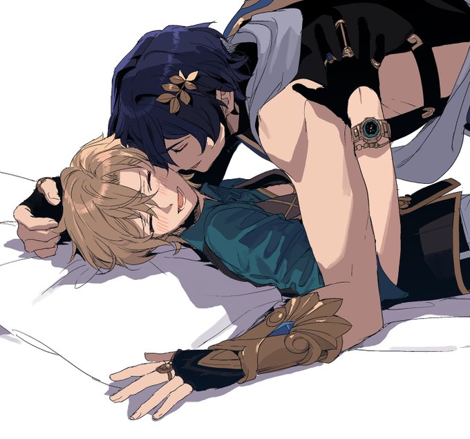 the image is an animestyle illustration of a couple,  a man with blue hair and a man with