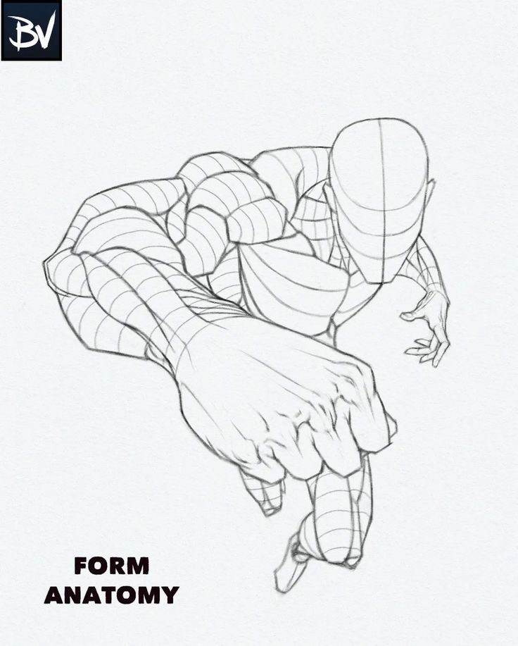 a detailed drawing of a human figure in a dynamic action pose. the figure is drawn using lines to represent muscle definition and form. the drawing is a study of anatomy and perspective.