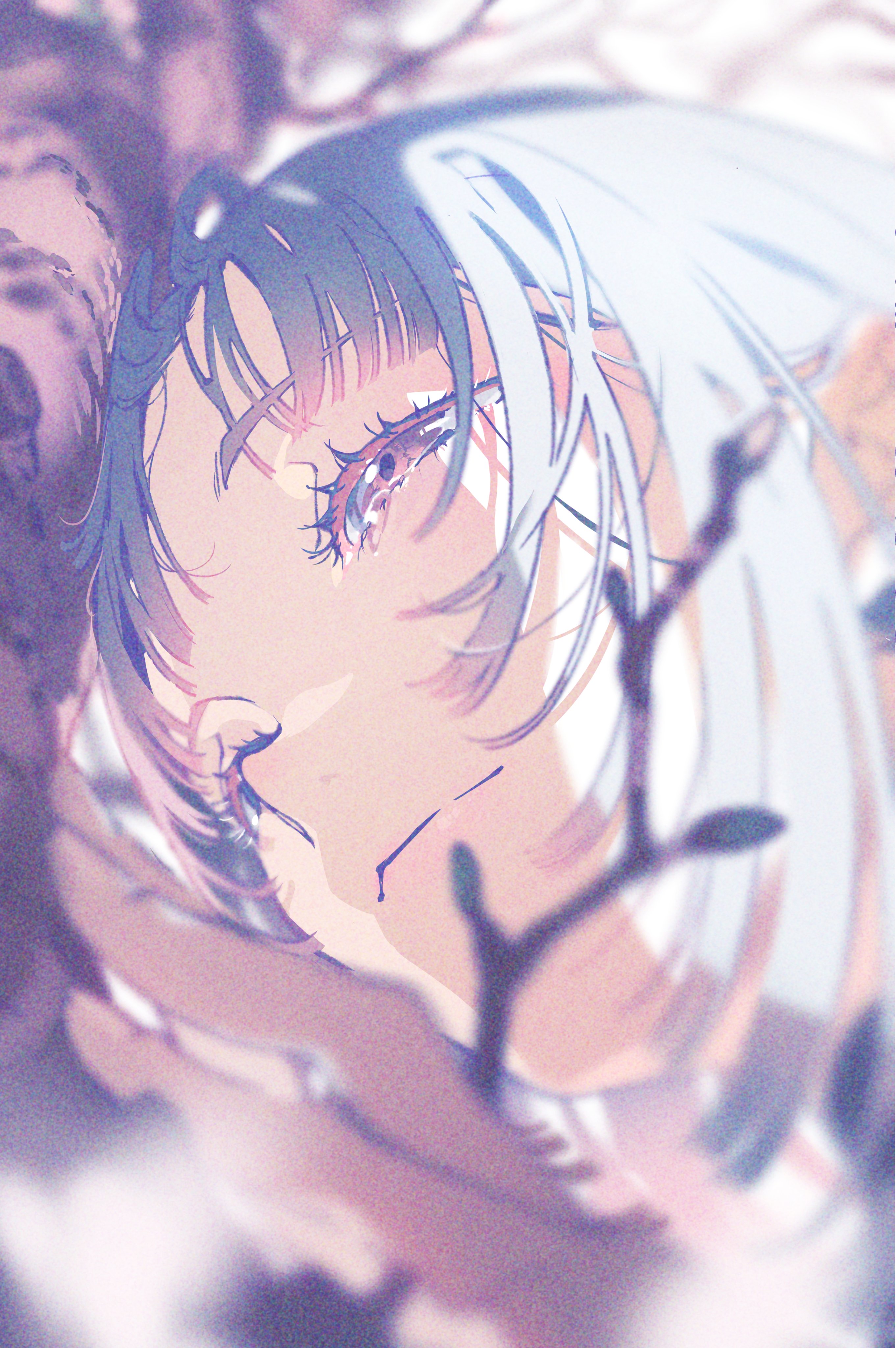 the image presents a closeup portrait of an anime girl with white hair and striking blue eyes.  her expression is gentle and pensive. she appears partially hidden behind delicate branches with leaves, suggesting a mystical forest setting. the overall aesthetic is soft and ethereal due to the diffused lighting and pastel color palette.