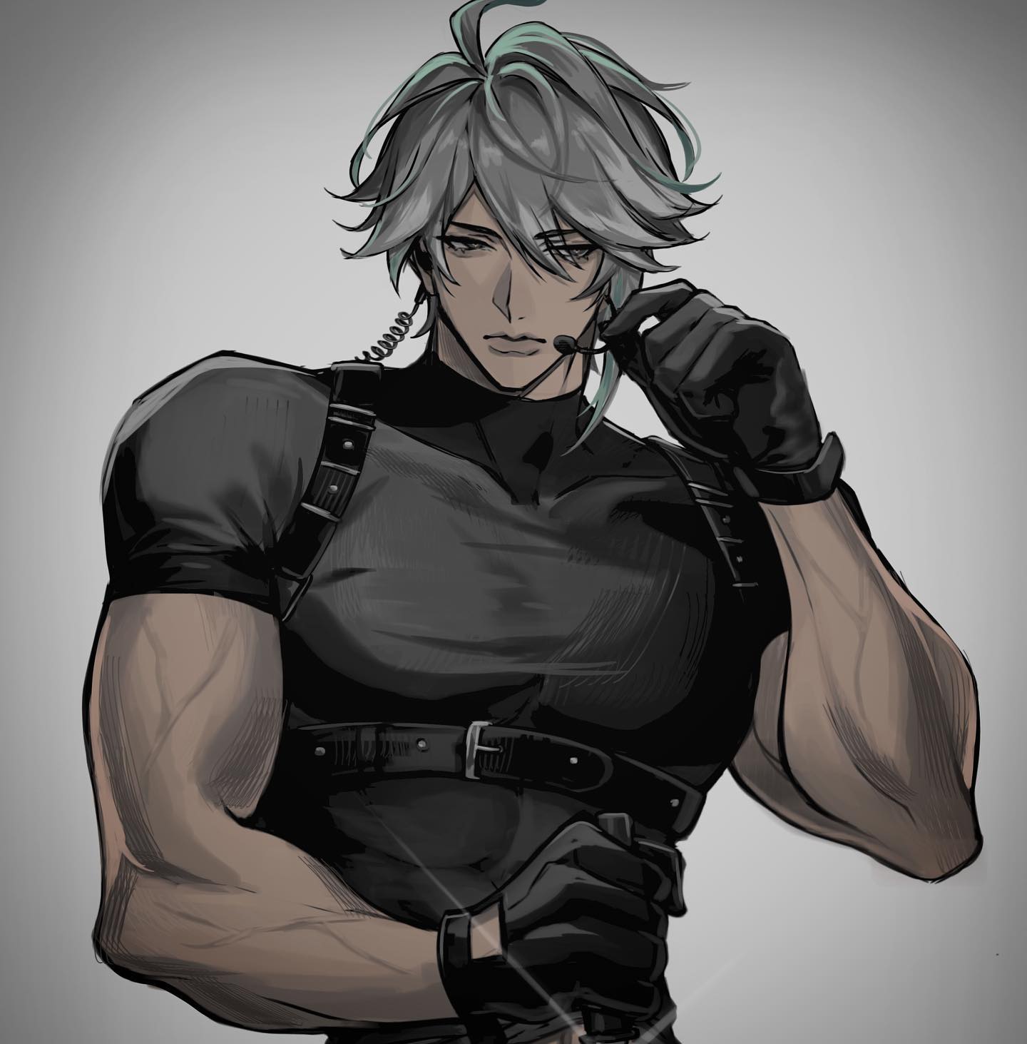 the image features a muscular, silverhaired animestyle male character against a plain grey background. he wears a tactical vest over a black, formfitting shirt, emphasizing his physique. his expression is serious and focused, holding an earphone connected to a microphone near his mouth. his outfit suggests a role like a bodyguard, agent, or soldier.  the art style is smooth with soft lighting and subtle shading, giving the image a cool and composed tone.