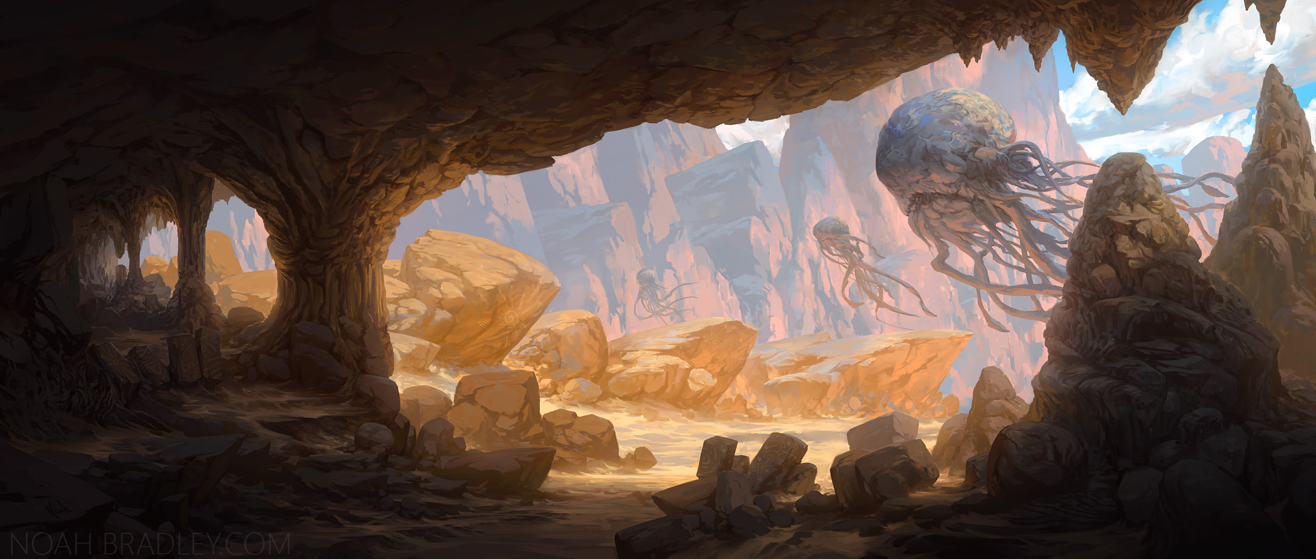 the image is a digital painting depicting a fantastical landscape. the scene is viewed from inside a dark cave, the entrance of which opens to a desert canyon filled with large, strangely shaped sandstone formations. several large, bioluminescent jellyfishlike creatures float in the sky above the canyon. the overall color palette is warm and earthy, with sandy yellows and oranges dominating the desert landscape, contrasted by the dark, cool tones of the cave interior. the lighting is dramatic, with sunlight streaming into the canyon, casting long shadows and highlighting the texture of the rocks. the style is painterly and evocative, suggesting a mysterious and otherworldly atmosphere. the scene is rich in detail, suggesting a vast and unexplored world.