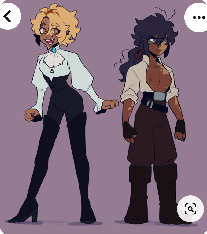 two anime styled characters stand side by side. the girl on the left is wearing black boots, black pants, a white shirt, and has blond hair. the man on the right is wearing brown boots, brown pants, a white shirt, and has dark hair. their poses are casual but they both look like they're ready to take on any challenge. the background is a solid purple. the art style is unique, with a mix of soft lines and bold colours. the characters are drawn in detail, with realistic expressions and poses. the overall image is full of life and energy.