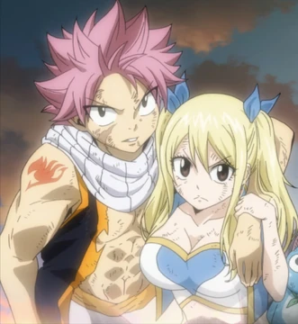 the image showcases natsu dragneel and lucy heartfilia from the anime and manga series fairy tail. they appear to be standing close together, their bodies turned slightly towards each other, suggesting a sense of camaraderie and closeness. both characters are lightly injured, evident from the dirt and scratches on their faces and bodies, hinting at a recent battle or struggle. the background suggests a sunset, with warm hues bathing the scene in a soft light.