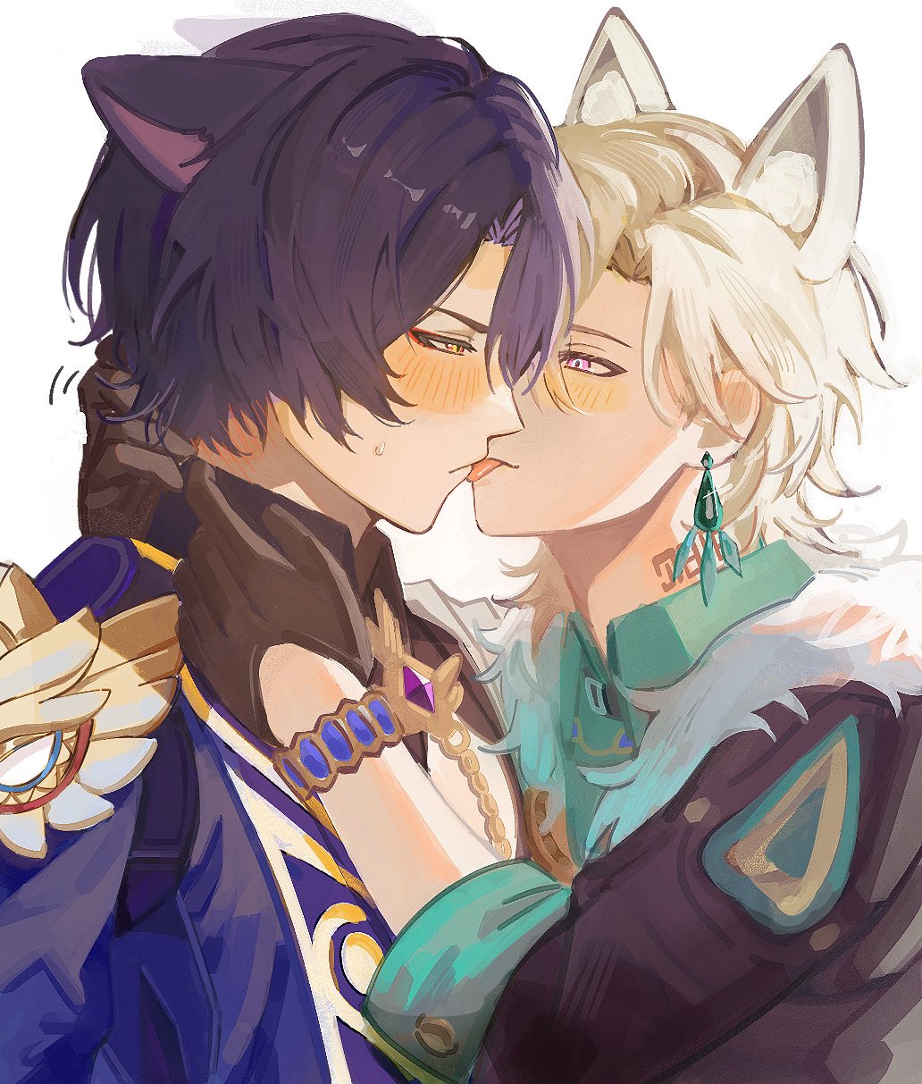 the image is a piece of fanart depicting a romantic scene between two animestyle characters, strongly resembling xiao and albedo from the video game genshin impact.  xiao, with cat ears, is depicted with purple hair and a blue and gold outfit. albedo, with wolf ears, has blond hair and a teal and brown outfit. they are embracing and about to kiss, both blushing slightly. the art style is soft and painterly, with a focus on delicate color blending and details in their clothing and accessories.  the overall mood is sweet and romantic, characteristic of boys' love (bl) or yaoi fanart.