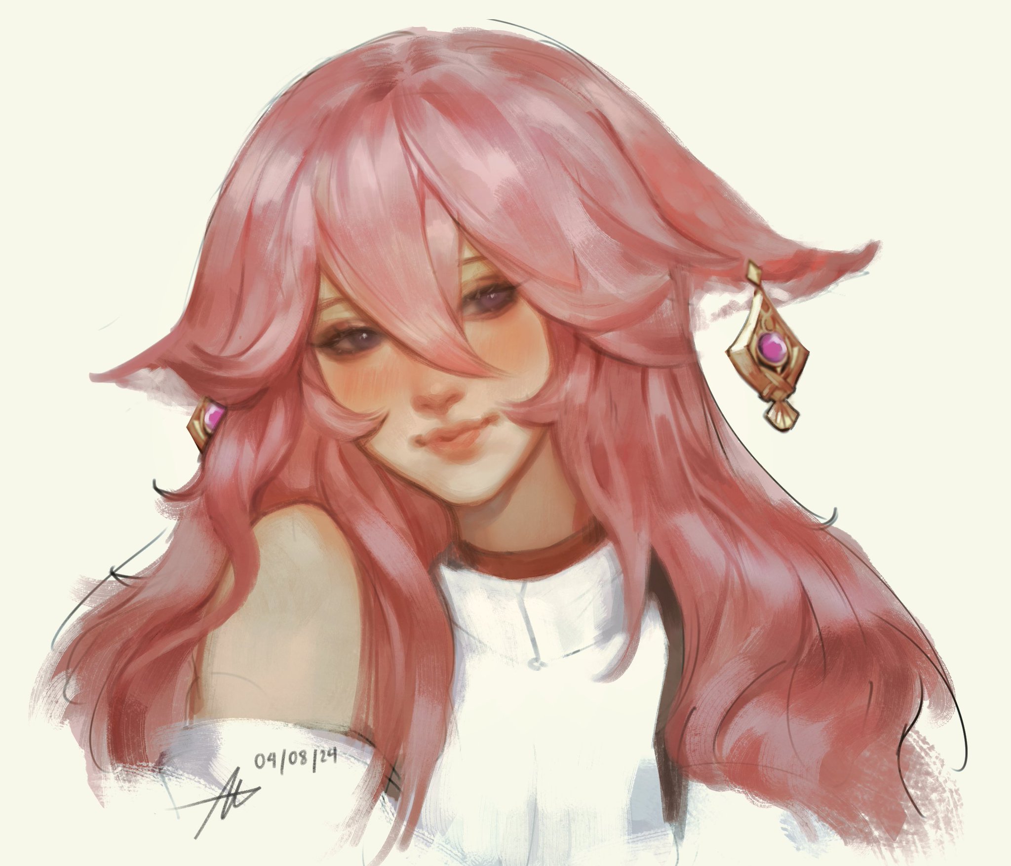 the image is a digital painting of a young woman with long, flowing pink hair styled in a slightly wavy manner. she has pointed elflike ears and wears gold earrings with purple gemstones. her expression is soft and gentle, with rosy cheeks and slightly downcast eyes. she's depicted from the shoulders up, wearing a white, offtheshoulder garment. the art style is reminiscent of anime or manga, with soft, painterly brushstrokes and pastel coloring. the date "09/08/24" and an artist's signature are visible in the bottom left corner.  the overall impression is one of delicate beauty and fantasy.