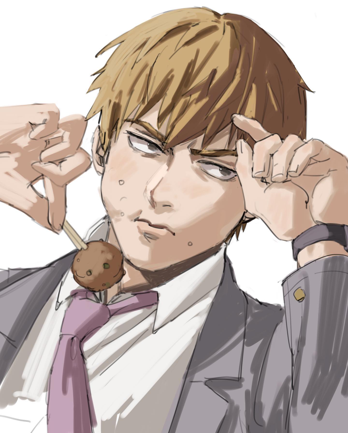 a young anime boy in a grey school uniform with a pink tie. he is holding a meatball on a stick near his mouth with his right hand. his left hand is on his chin. he is looking directly at the viewer with a skeptical expression.  he is drawn in a digital style, using soft, muted colors and a sketchy look.