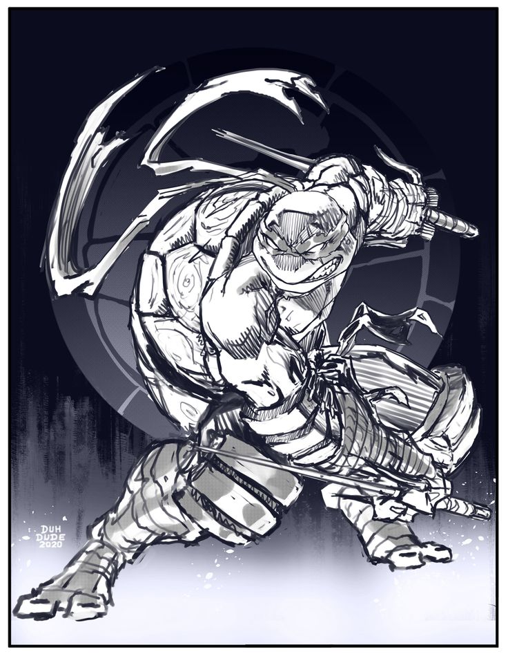 this is a black and white illustration of leonardo, a teenage mutant ninja turtle, holding his katana sword.  he is wearing a mask,  a ninja suit, and has a shell.  he is depicted in action, as if in the middle of a fight. the background is a blurry, light gray, suggesting a fast moving, exciting battle.  there is a circle in the background, which could represent a sewer, a common setting for the turtles.  this image is a comic style illustration of a beloved character from the "teenage mutant ninja turtles" franchise.