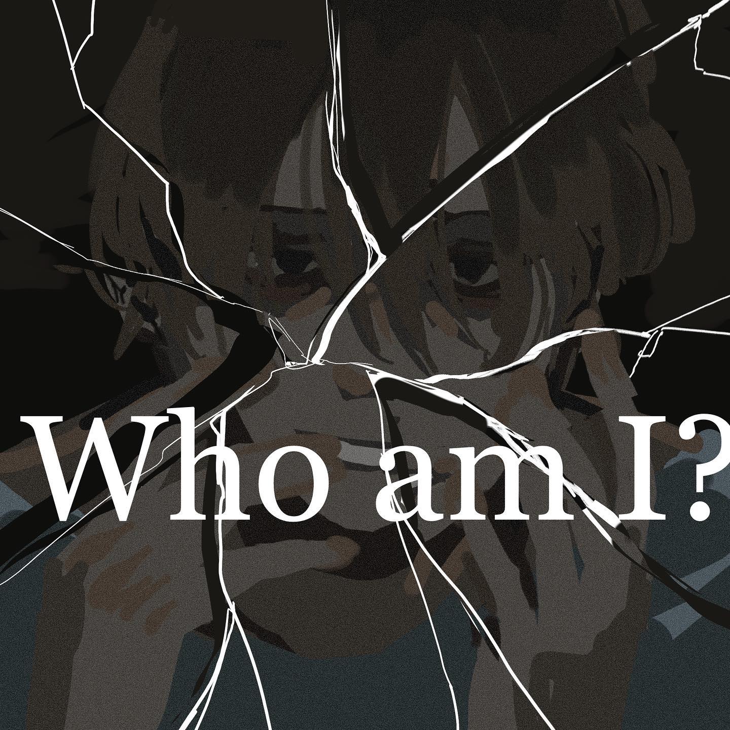 the image shows a young man with short brown hair and glasses looking directly at the viewer. his face is obscured by a shattered glass overlay, creating a fragmented and distorted reflection. the background is dark and indistinct, adding to the overall mood of isolation and introspection. the text "who am i?" is prominently displayed in white letters across his face, emphasizing themes of identity crisis and existential questioning.