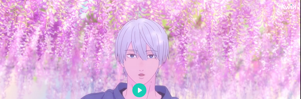 a screenshot of an anime boy with white hair and blue eyes looking left. he is surrounded by blooming wisteria flowers creating a dreamy, romantic atmosphere. the overall palette is soft and pastel.