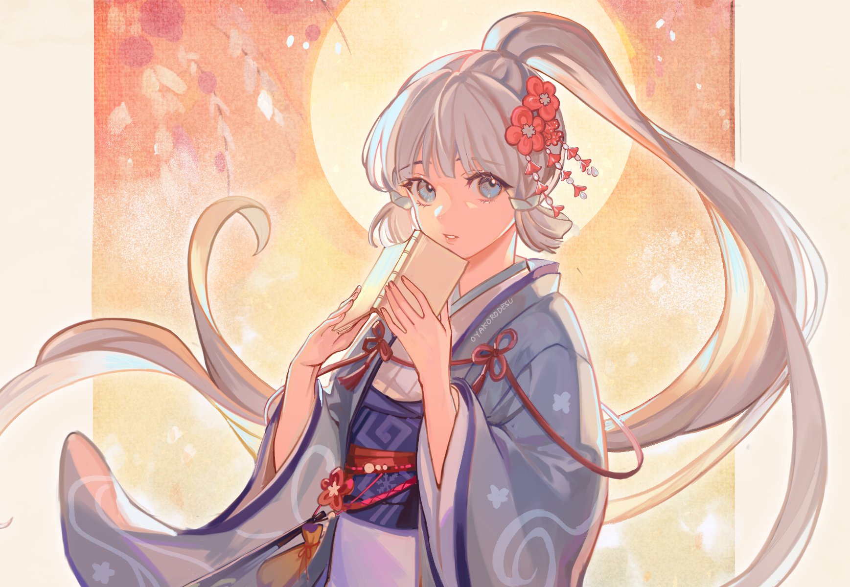 this image is a beautiful and serene portrayal of a young woman in traditional japanese clothing. the woman has long, flowing white hair adorned with red flowers, and is wearing a soft blue kimono with intricate designs. she is holding a book up to her face, as if lost in thought, or reading a passage. the background is a soft, warm orange, with hints of white, reminiscent of a sunset or sunrise. the overall image exudes a feeling of peace and tranquility, and is a lovely example of the art of anime and manga.