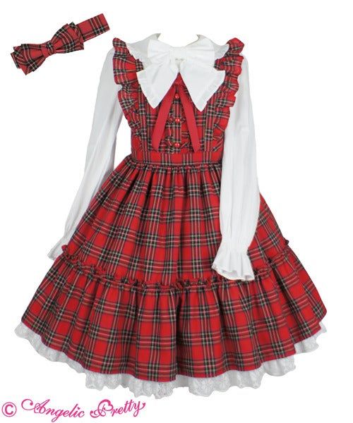a red and black plaid lolita dress with white lace trim.  it also has a white blouse with a large white bow and matching headband.