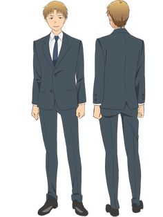 this is a character design sheet of a young man with short brown hair wearing a suit. it shows him from the front and back.