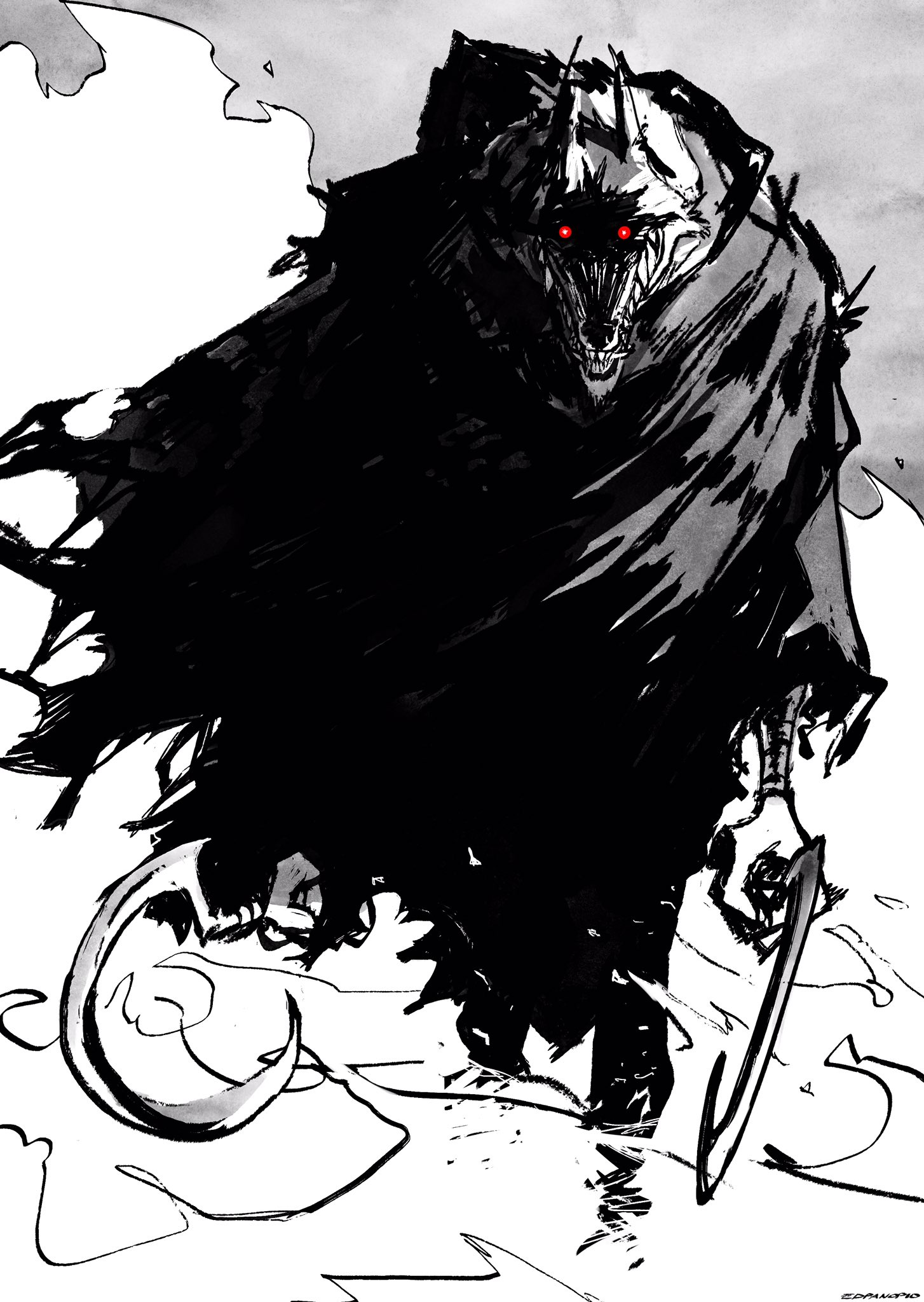 the image is a dramatic black and white ink drawing or sketch depicting a monstrous, hooded figure.  the creature appears wolflike or demonic, with glowing red eyes and sharp teeth visible beneath its hood. it's cloaked in a dark, tattered garment that billows around it.  the figure carries a long, curved weapon resembling a scythe, adding to its threatening presence. the style is dark and expressive, reminiscent of dark fantasy or horror illustrations. the background is a textured wash of blacks and grays, enhancing the ominous mood. the overall effect is one of intense menace and foreboding.