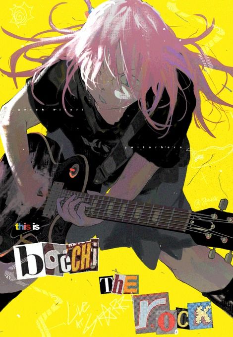 an animestyle illustration featuring hitori gotoh from "bocchi the rock!" playing an electric guitar. she has pink hair and is wearing a dark tshirt. the background is bright yellow, and the title "bocchi the rock!" is written in a collagelike style.