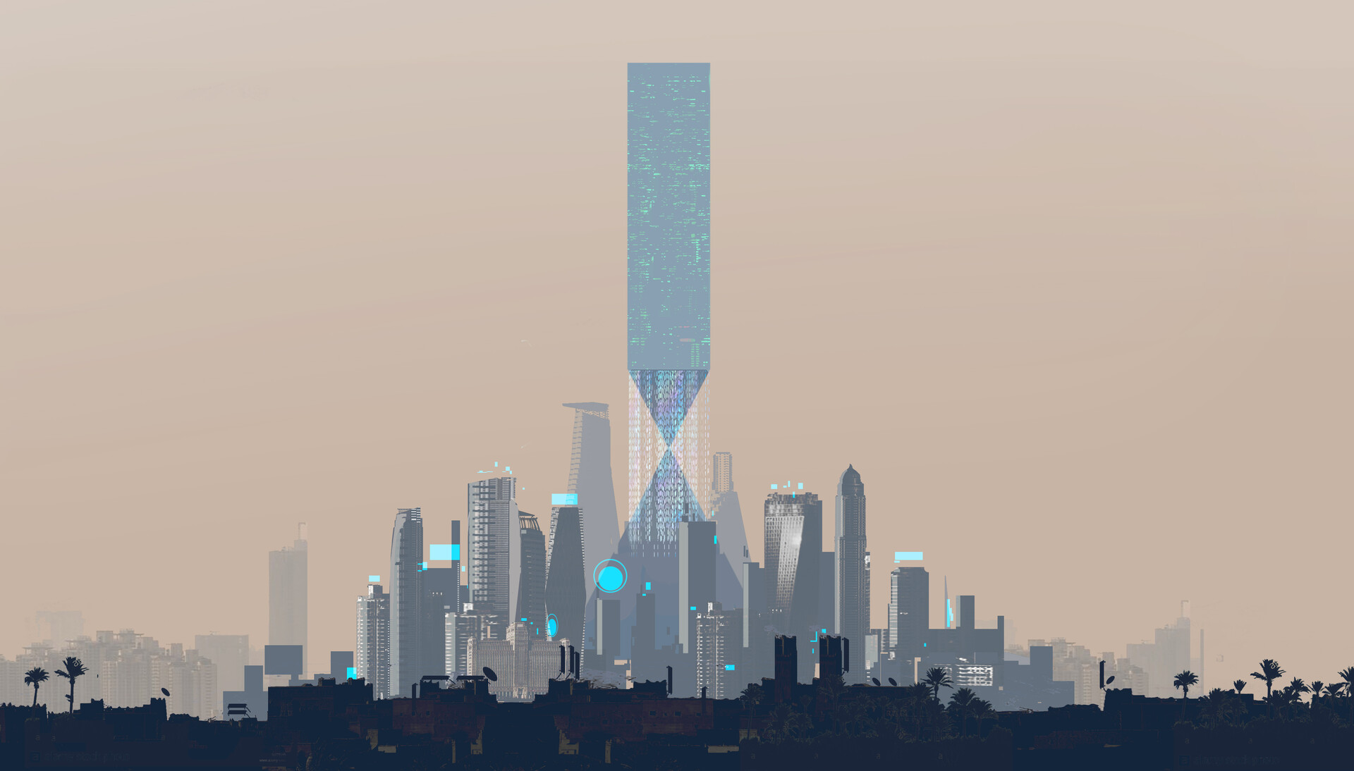 a futuristic city skyline is set against a pale, dusty sky.  the most prominent feature is a very tall, narrow skyscraper in the center that is shaped like an elongated hourglass with glowing blue lines running vertically along its exterior. other, shorter buildings of various designs make up the rest of the city. in the foreground, a dark silhouette of a lower, older city is visible at the bottom of the frame.