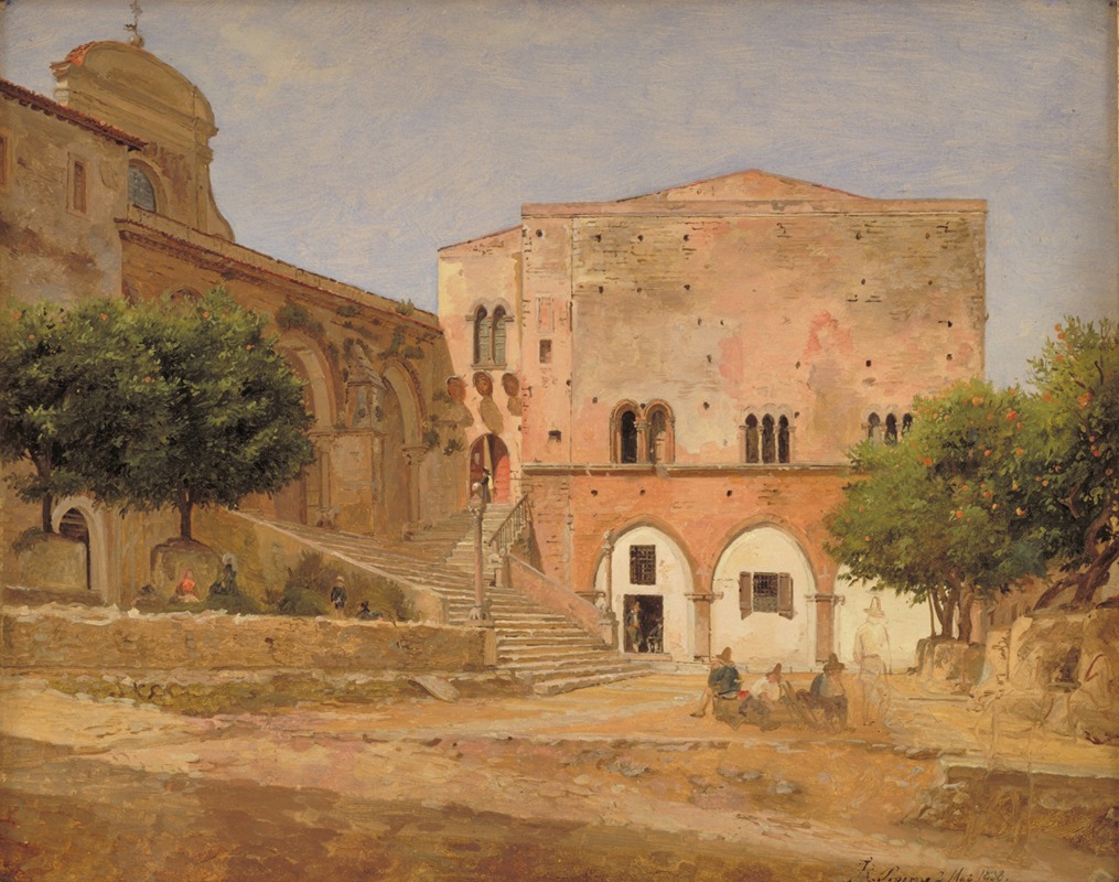 the painting depicts a historic building complex with architectural details like arches, a dome, and stairs. several people are visible in the courtyard area. trees add to the scene's composition.