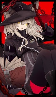 a digital illustration of a young woman with silver hair and golden eyes. she is dressed in a black witch's hat with a silver buckle, a black and gray collared jacket, and black leggings. she has cat ears poking out from under her hat.  she holds a thick, ancientlooking book bound in chains. the background is a vibrant red, and the overall lighting is dark and dramatic, with a spotlight effect on the girl. metal chains are draped around the edges of the image.