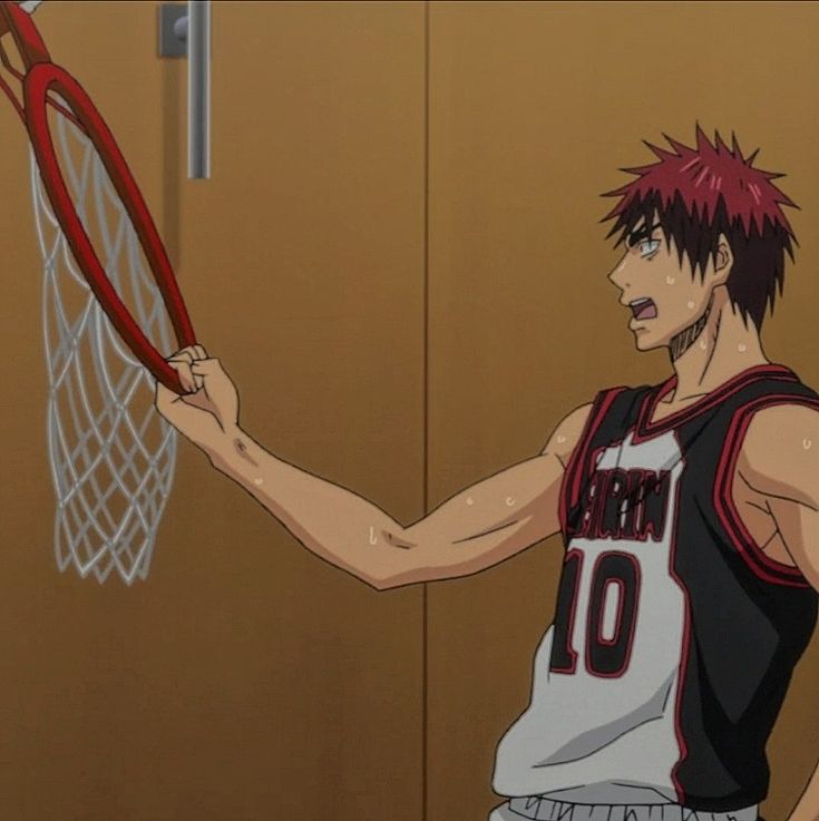 a male anime character wearing a white and black basketball jersey with the number 10 on the front is looking to the right while using his right hand to pull down the net from a basketball hoop. the character has red hair and is sweating.