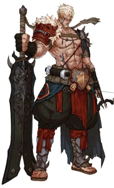 this is a digital illustration of a male fantasy warrior in a fighting stance,  with a large sword and  a bow and arrow. he is wearing armor and appears to be prepared for battle.