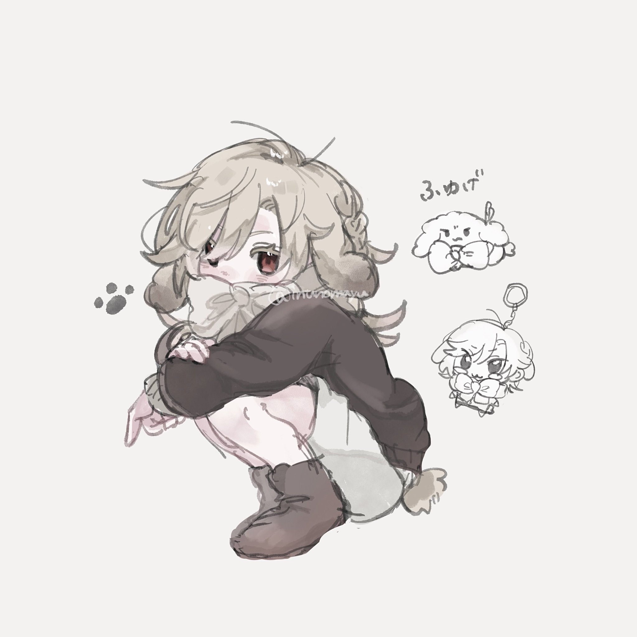 the image is a digital drawing of an animestyle girl. she has light brown/blonde hair and red eyes.  she appears to be a child, and is drawn in a chibi style, meaning she has exaggeratedly large head and eyes. she is sitting with her arms wrapped around herself, appearing somewhat shy or introverted.  she has small, doglike ears sticking out from her hair.there are also small drawings of what seem to be plush dog toys/keychains nearby, suggesting a connection to the girl or her interests. the overall style is soft and pastelcolored, with a slightly washedout or muted color palette. the art is simplistic but detailed enough to convey emotion and character. the style is reminiscent of character sketches or fanart.