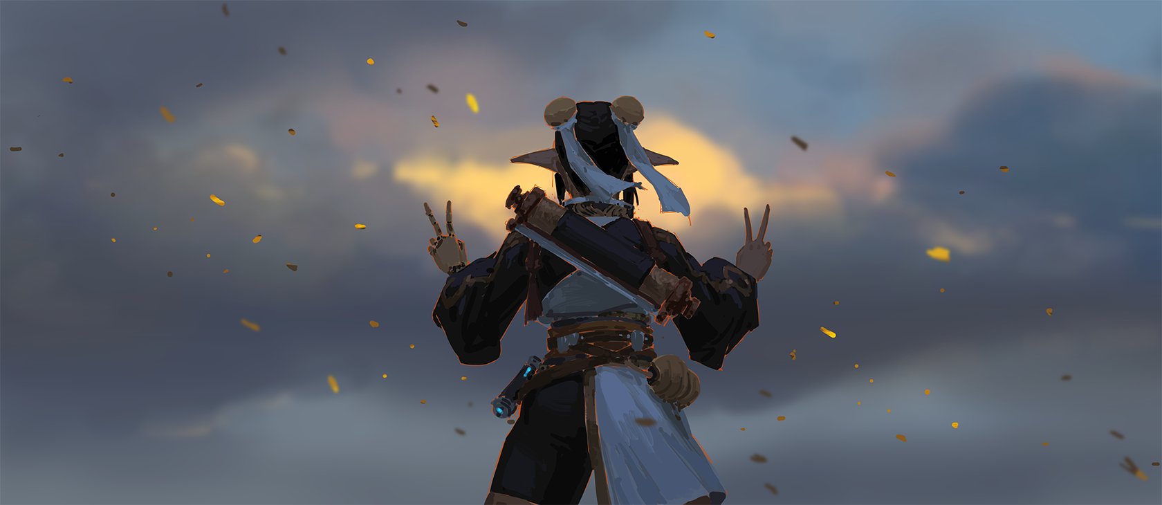 the image is a digital painting depicting a fantasy elflike female character standing with both hands raised in a peace sign gesture. she is positioned against a backdrop of a dramatic sunset sky filled with floating, golden leaves. the character's outfit blends traditional asian and fantasy elements. she wears a dark, loosefitting top, lightcolored pants, a hat with earlike protrusions and what seems to be a sheathed sword strapped to her back.  the overall mood is serene and peaceful, despite the epic scale of the environment.  the style is painterly and atmospheric, with soft light and subtle details in the character's clothing and the surrounding sky.