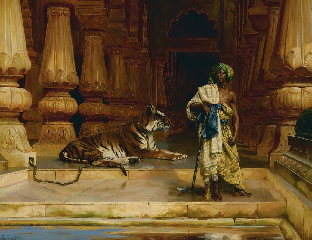 an oil painting on canvas by edwin lord weeks depicting a darkskinned man, possibly indian, wearing a turban and draped in cloth, standing on a raised platform within an ornate palace interior. a chained tiger lies beside him. the architecture is characterized by massive columns and detailed moldings, suggesting an orientalist depiction of india or the east. the man holds a tool and his posture is relaxed yet vigilant. the setting evokes an exotic and opulent scene.