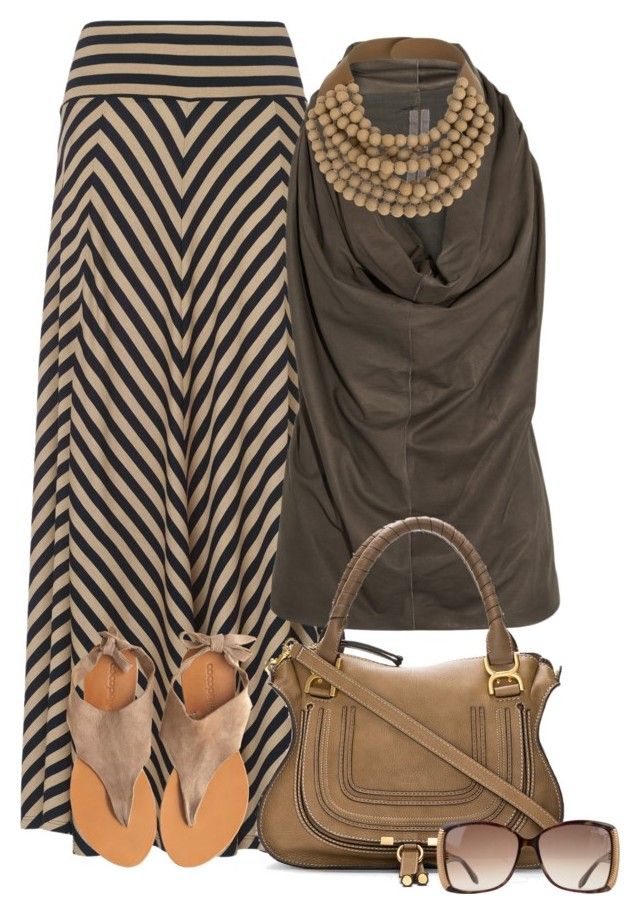 a fashion still life showcasing a stylish outfit. the outfit consists of a black and beige striped maxi skirt, a sleeveless cowl neck top in a muted greenbrown, and flat tstrap sandals in a light brown suede. a wooden beaded necklace adorns the top. a leather tote bag in a similar shade to the sandals and sunglasses with a brown gradient lens complete the ensemble.