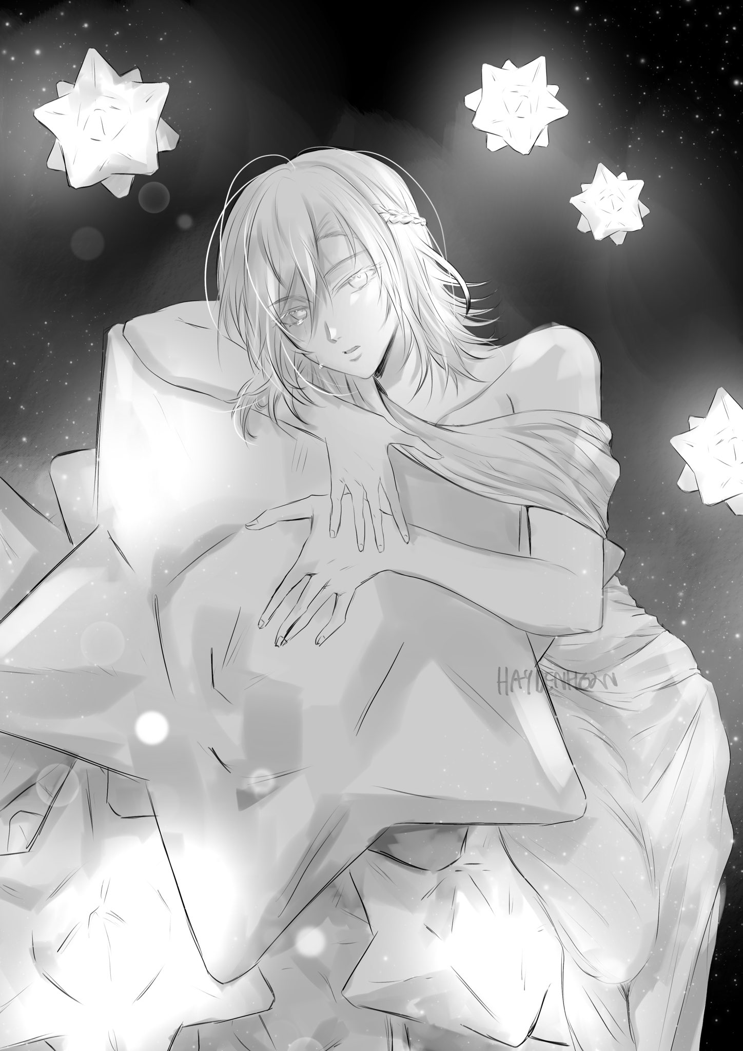 the image depicts a young anime woman with long hair, sitting in a pose that suggests she is sleeping or dreaming. she is surrounded by a starry night sky and appears to be resting on a large, glowing star. the overall atmosphere is serene and magical, with a sense of peace and tranquility. the image is drawn in a soft, delicate style, with a focus on the woman's ethereal beauty and the dreamy nature of the scene.