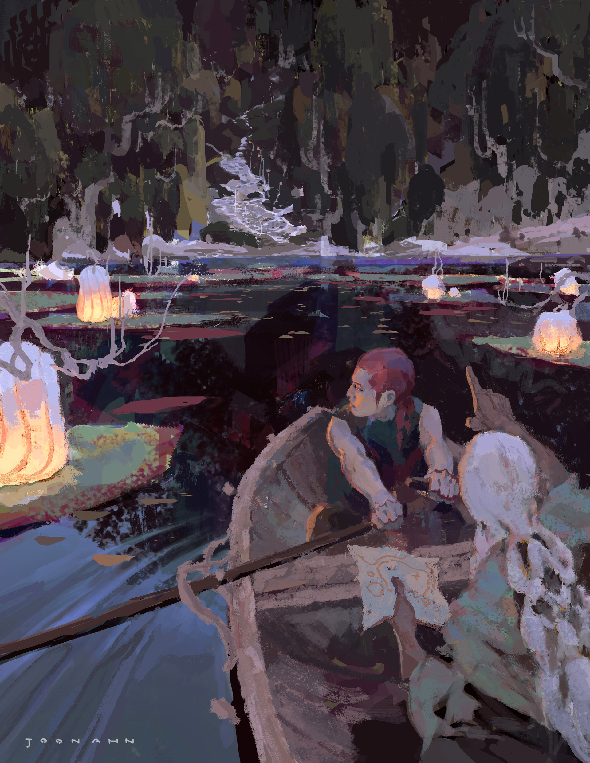 a woman with red hair rows a small wooden boat through a swamp at night.  her companion sits opposite her, shrouded in shadow and barely visible. glowing lanterns illuminate the murky water and strange trees that rise from the swamp. the scene is painted in a loose, expressive style with a muted color palette.