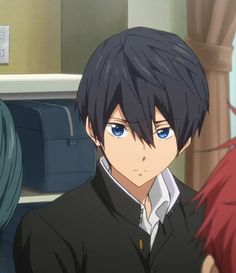 this image shows a young anime man with black hair and blue eyes. he's wearing a whitecollared shirt and a black jacket, possibly a school uniform. he has a neutral expression on his face. the background is blurred, suggesting he is inside a room.  the overall color palette consists of muted blues, grays, and blacks.