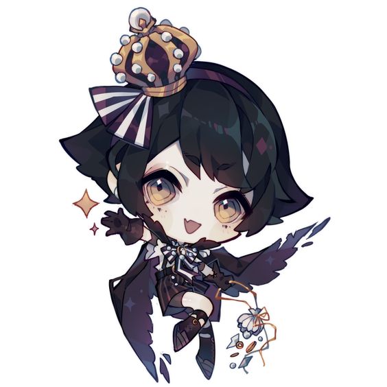 the image features a chibistyle illustration of a boy with short, dark hair styled in a partiallyshaved undercut. he wears an elaborate black and white crown adorned with pearls. his attire consists of a black and white outfit accented with gold details, complemented by a flowing black cape with feathery edges.  he is captured midair, his pose suggesting a joyful leap or flight. his wide, golden eyes sparkle with mirth, and a cheerful grin lights up his face. the background is left undefined, drawing attention to the character and his vibrant energy.