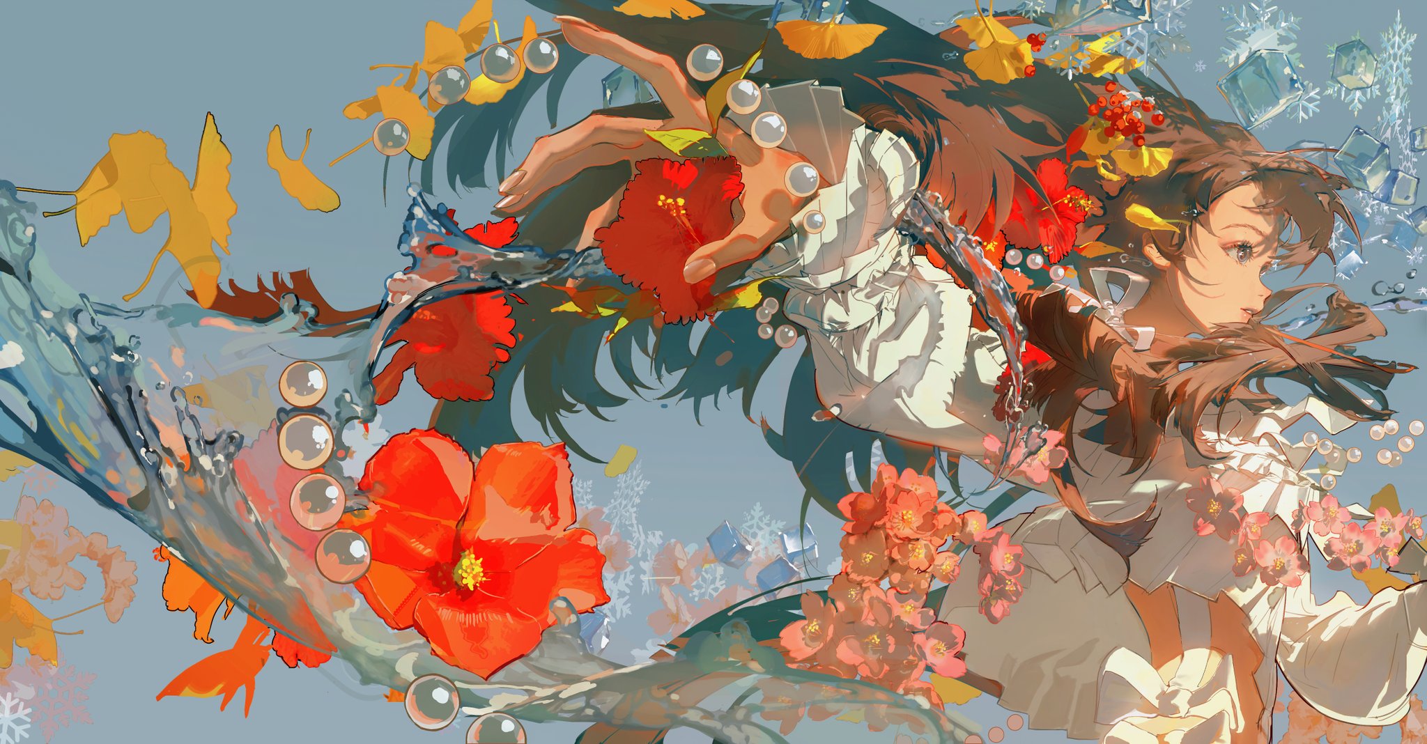 the image depicts a young anime girl with long brown hair, she is wearing a white dress with floral patterns. she is submerged in clear blue water, with bubbles around her and flowers floating around her. the image has a whimsical and dreamlike quality, with soft colors and delicate details.  the girl's expression is serene, and she appears to be enjoying her time in the water.  the overall image is beautiful and serene, and it captures the beauty of nature.