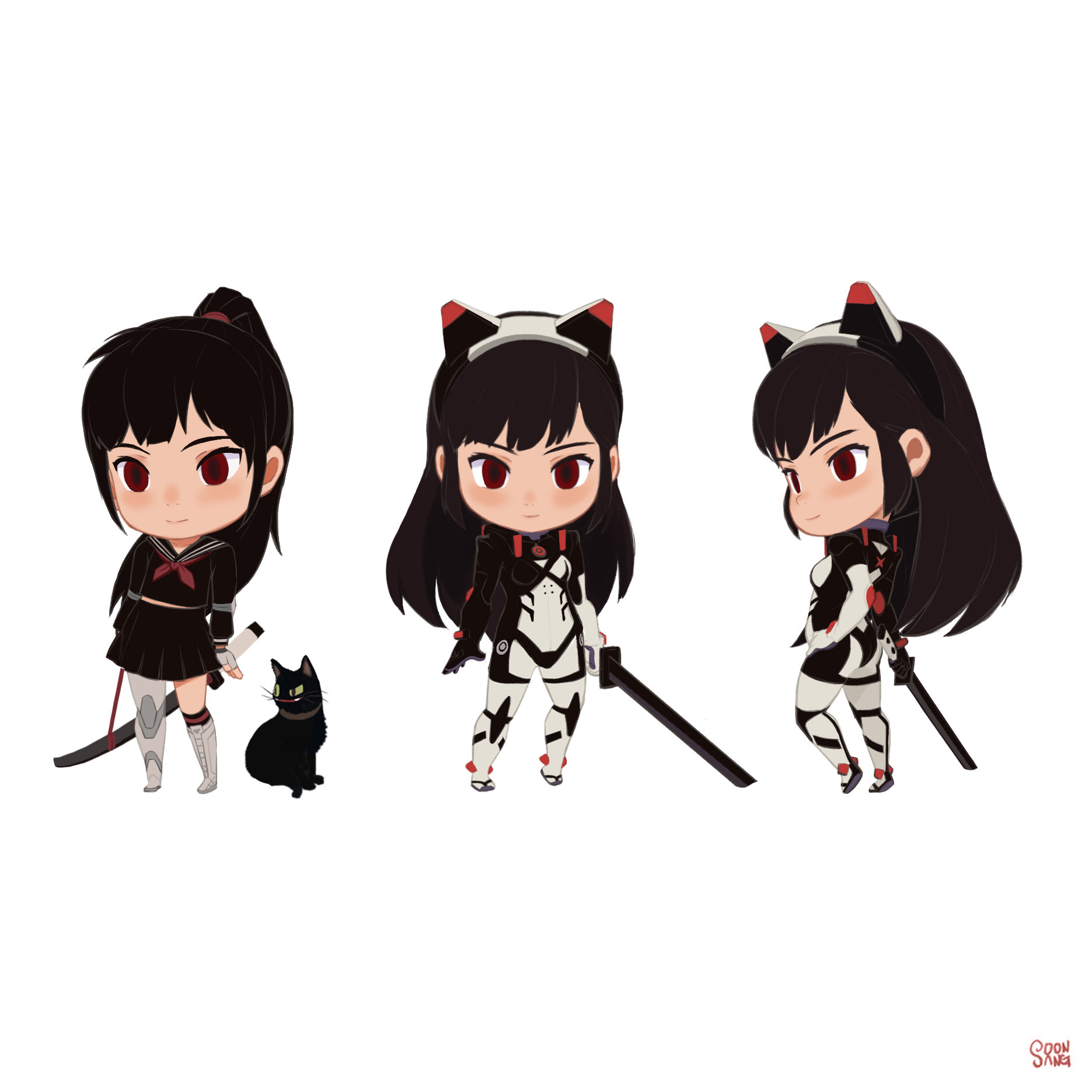 the image shows three iterations of the same anime girl character in chibi style. from left to right, the first iteration shows her in a school uniform with a black cat, the second iteration shows her in a futuristic black and white combat suit, and the third iteration shows a side view of her in the combat suit. all three iterations are against a plain white background.
