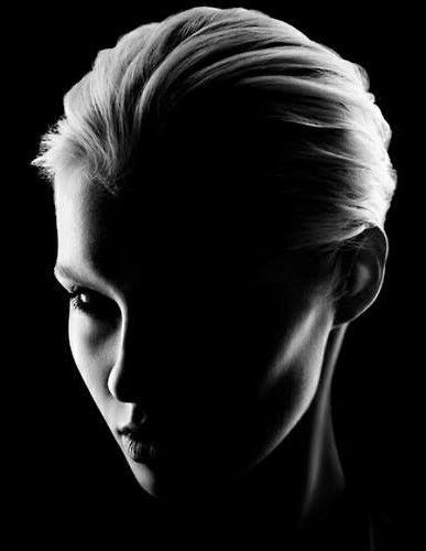 a black and white portrait of a woman with her hair pulled back. the photo is lit in such a way that her face is in shadow, creating a mysterious and alluring effect.  the woman's face is partially obscured by the shadow, her eyes are closed and her mouth is slightly open.  the hair and neck are lit, creating a strong contrast. the photo is visually stunning and evocative.