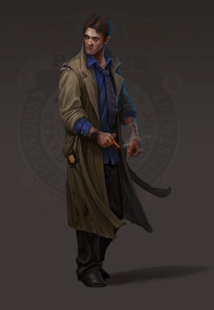 an illustration of a male detective wearing a trench coat, blue shirt, tie and boots. he has a badge on his trench coat and a watch on his wrist. he is holding a cigarette and his hand is bandaged. there is blood on his trench coat. he has a serious expression on his face. the background is dark and contains the text "kronenberg state department".