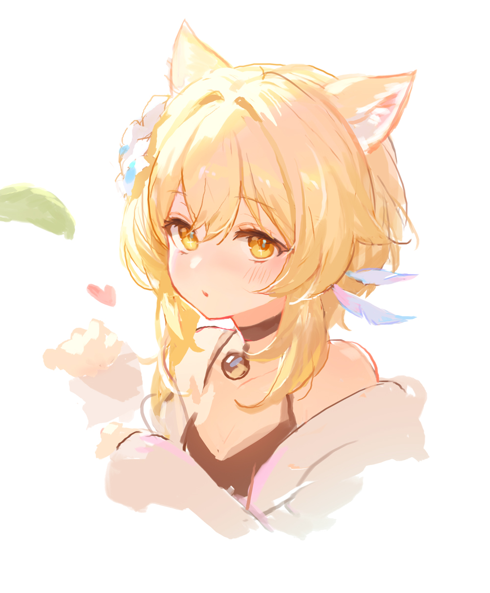 the image is a digital drawing or painting in an anime style. it depicts a cute, young girl with long, flowing blonde hair styled with cat ears and a small flower accessory. her eyes are large and yellow, and she has a soft blush on her cheeks. she's wearing a lightcolored, fluffylooking jacket or coat and what appears to be a simple dark top or dress underneath.  a small, round, goldcolored pendant hangs from a black collar around her neck.  feathers are present in her hair adding to the overall ethereal aesthetic.  the art style is soft, pastelcolored, and emphasizes a dreamy or delicate feeling. two small, pink hearts float near her hands adding to the romantic or endearing impression. the background is plain white, drawing focus solely to the character.