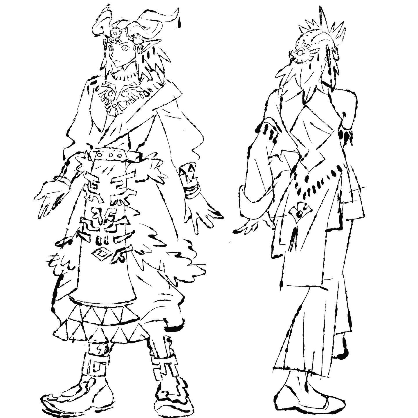 the image contains two black and white sketches of character designs, seemingly from a fantasy setting.  both characters wear elaborate, flowing robes and unique headwear; one features horns and the other a masklike headpiece. their clothing has tribalinspired patterns and details. the style of the artwork is loose and expressive, suggesting concept art or early character design work. the sketches depict the characters from slightly different angles, providing multiple views of the costumes.