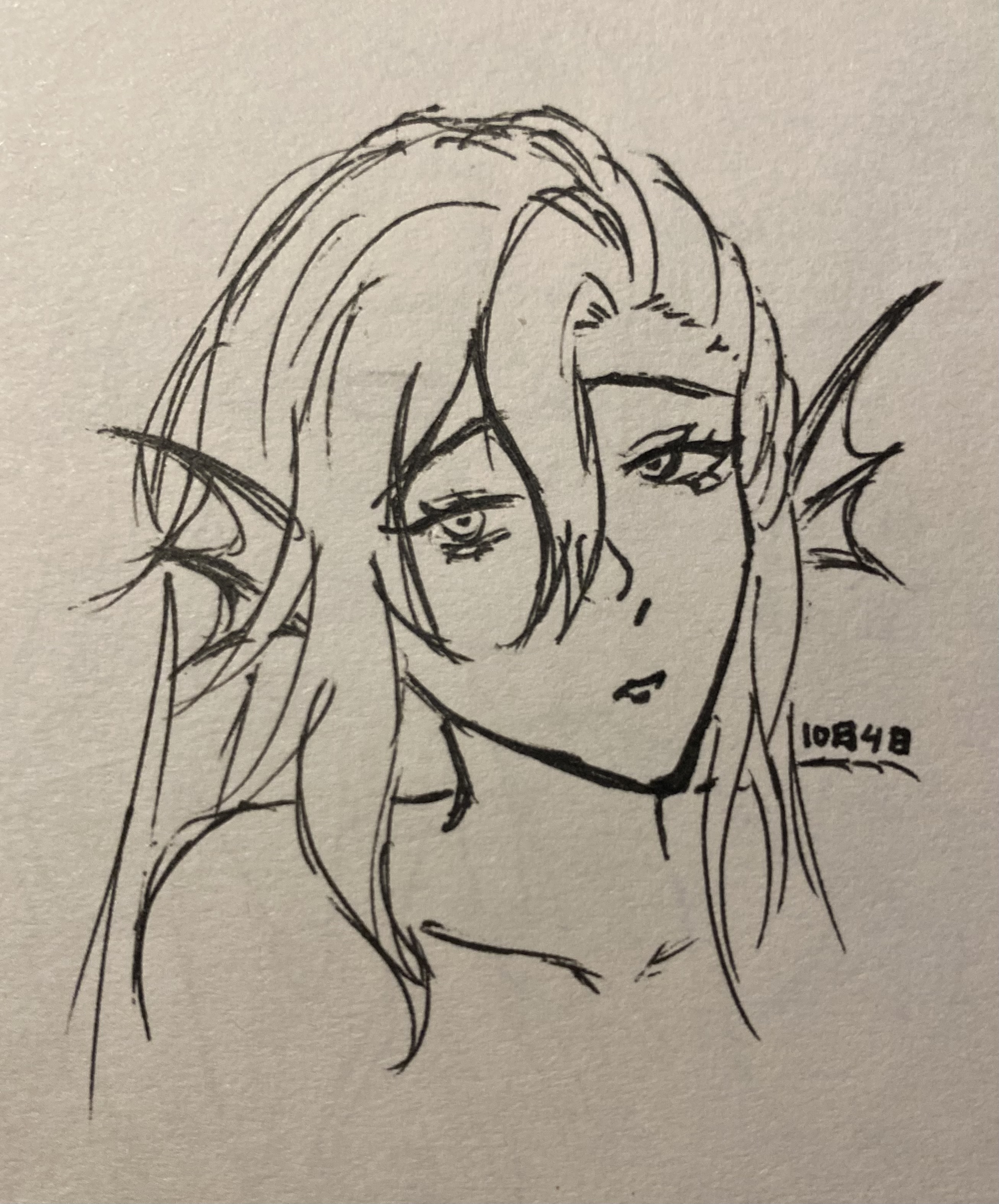the image is a black and white ink drawing or sketch of a stylized female character. the art style resembles anime or manga, with expressive eyes and long flowing hair.  the character has distinctive fishlike fins emerging from the sides of her head, suggesting she might be a mermaid or similar creature. the drawing is primarily composed of lines and shading is minimal, creating a clean and elegant look.  the overall impression is one of grace and a slightly melancholic or pensive mood. a small signature or date ("10848") is visible in the lower right.