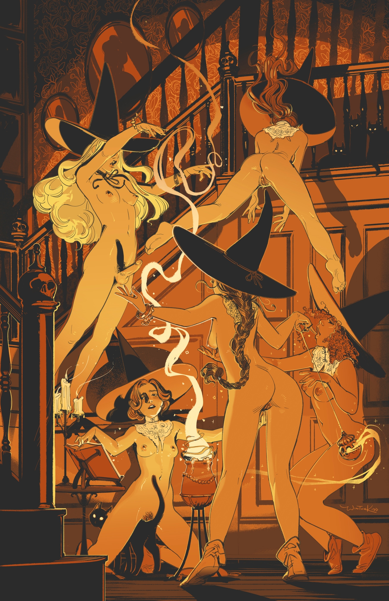 the image is a stylized illustration depicting a scene of four nude witches engaged in a magical ritual within a grand, dimly lit mansion.  the witches, with long flowing hair and pointed hats, are positioned dynamically around a cauldron bubbling with smoke.  one witch is perched on a staircase, while others are actively engaged in the brewing of a potion or casting a spell. a black cat is present near the base of a cauldron. the overall style is reminiscent of vintage art deco or art nouveau, with rich, warm tones dominating the color palette, creating a dark, mysterious, and slightly sensual atmosphere. the scene is suggestive of a halloween or samhain setting with its use of candles, occult elements, and the suggestive nature of the witchcraft.