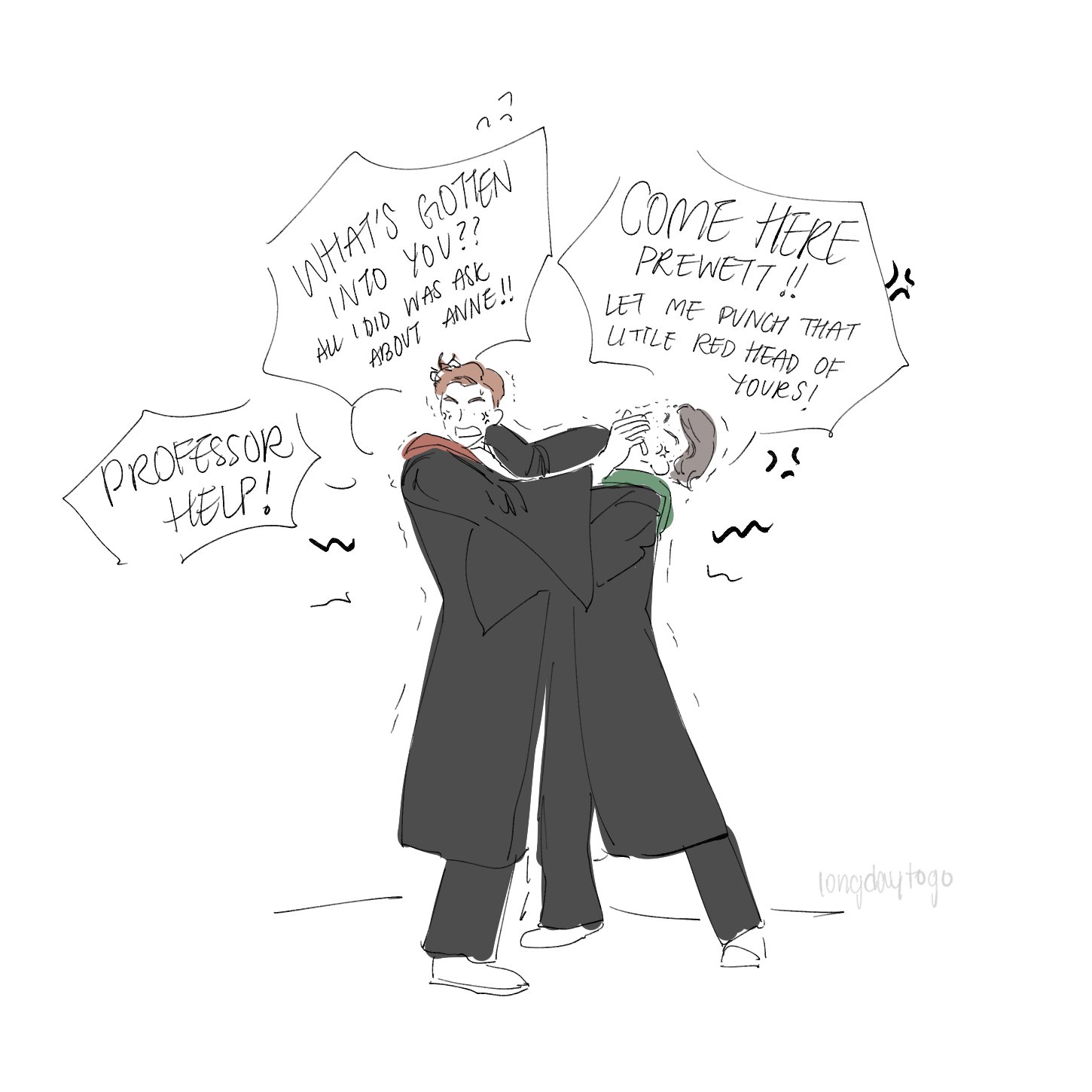 this is a fanart illustration depicting a humorous scene between ron and fred weasley.  ron is grabbing fred in a sort of hug/restraining hold, while fred is angry and wants to punch ron.  speech bubbles show their internal thoughts and dialogue. one bubble from ron asks "what's gotten into you?", another from fred says "come here prewett!! let me punch that little red head of yours!"  a bubble near ron says "professor help!"  the style is cartoonish and lighthearted. the background is plain white.