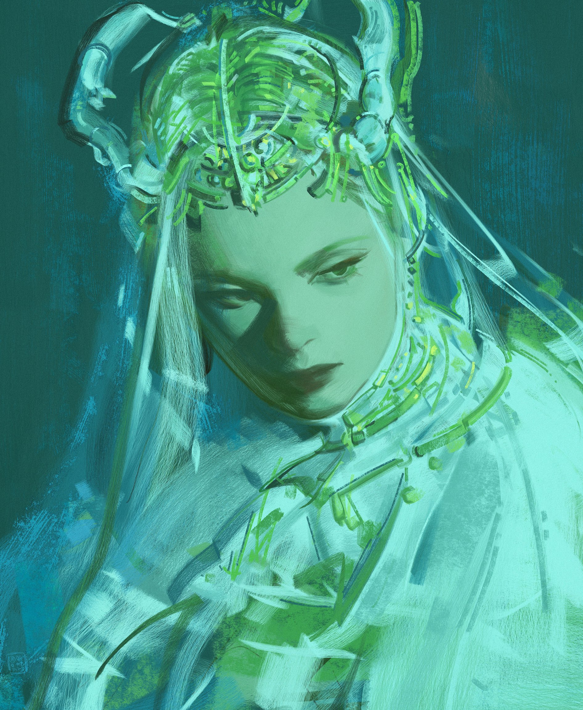 the image is a digital painting of a woman's portrait. she is adorned with a complex, otherworldly headdress and jewelry that seems both ornate and futuristic. the style is painterly and somewhat abstract, using soft, flowing brushstrokes predominantly in shades of green and teal. the woman's expression is pensive and serene, adding to the mystical and ethereal atmosphere of the piece.  the overall style blends fantasy and science fiction elements, creating a captivating and imaginative scene. the background is a muted, dark teal which contrasts with the lighter tones of the woman and her garments.