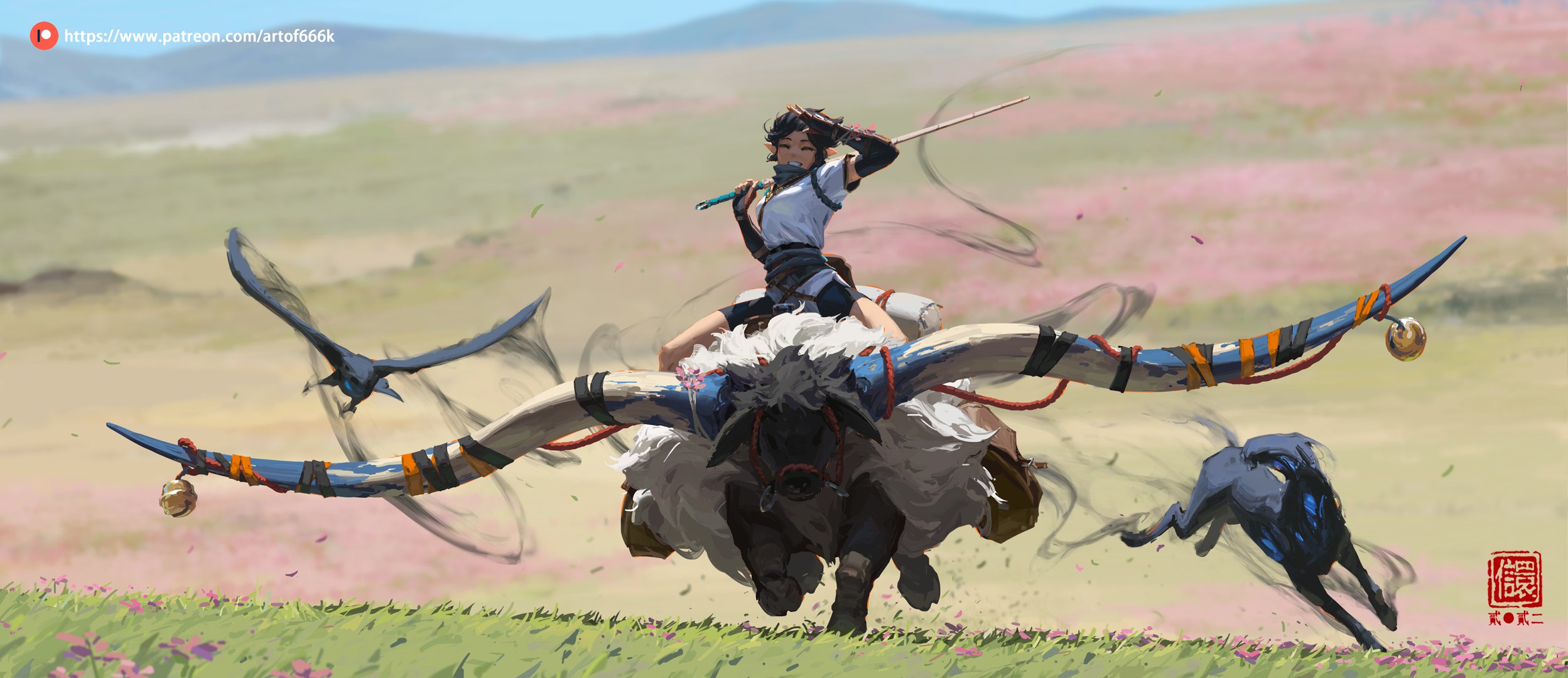 he digital painting shows a young woman with short dark hair, riding a fantastical creature resembling a bull with large, curved horns. the horns are adorned with blue and orange bands, and bells hang from them. two dark, birdlike creatures fly alongside the main subject, leaving motion blurs behind them. the woman wields a long, thin sword, and her attire is suggestive of east asian influence. the background features a vast field covered in light pink flowers and a distant hazy landscape. the style is painterly, with loose brushstrokes that add to the feeling of movement and energy.