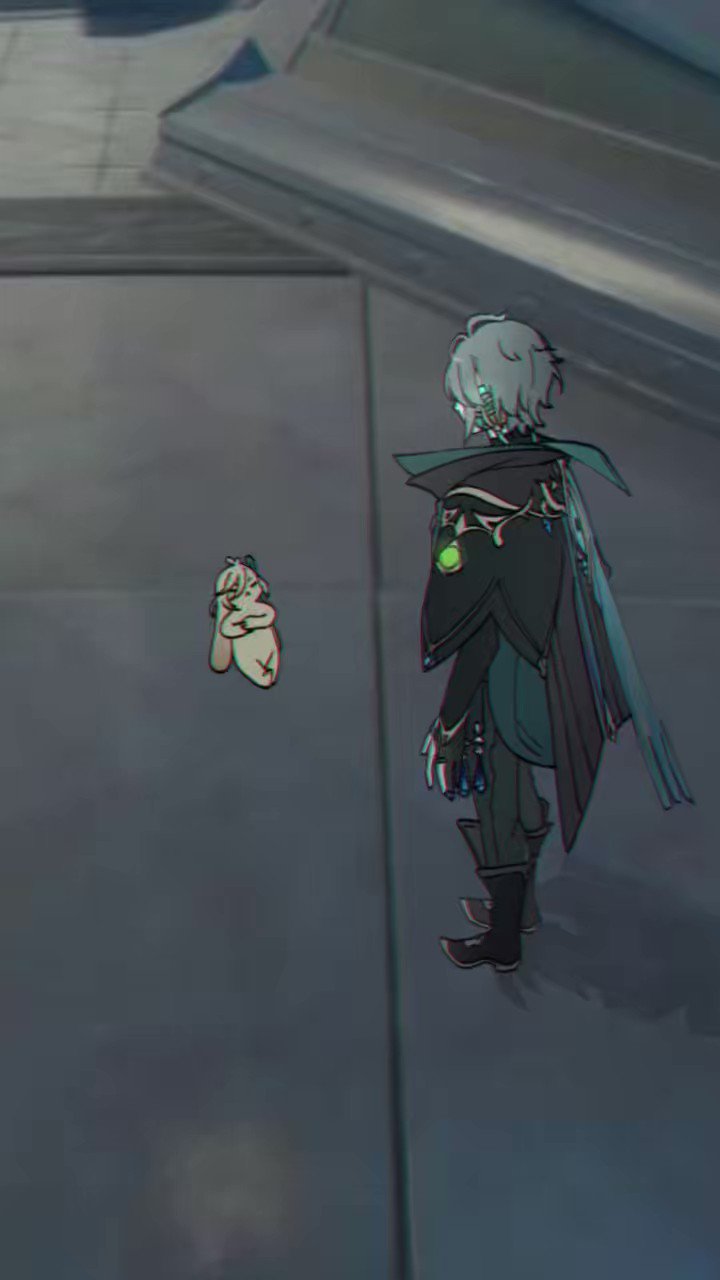 an animestyle image of two female characters standing on a gray tiled floor. the character in the foreground has white hair and a black coat, while the character in the background has black hair and a white dress. the character in the foreground is looking to the left, while the character in the background is looking down. the scene is set against a gray wall and a white building.