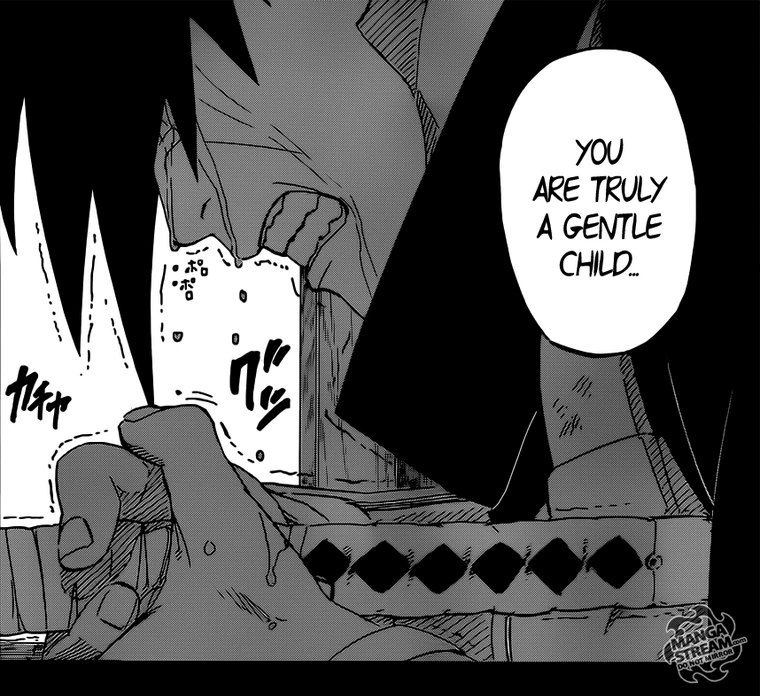 a black and white comic panel shows a man crying, with his face partially obscured by shadows. he appears to be in great emotional distress, and the text "you are truly a gentle child..." suggests that he is being comforted or consoled by someone offpanel. the man's clothing features intricate details, and his hand is clenched tightly. the overall tone of the image is one of sadness and empathy.
