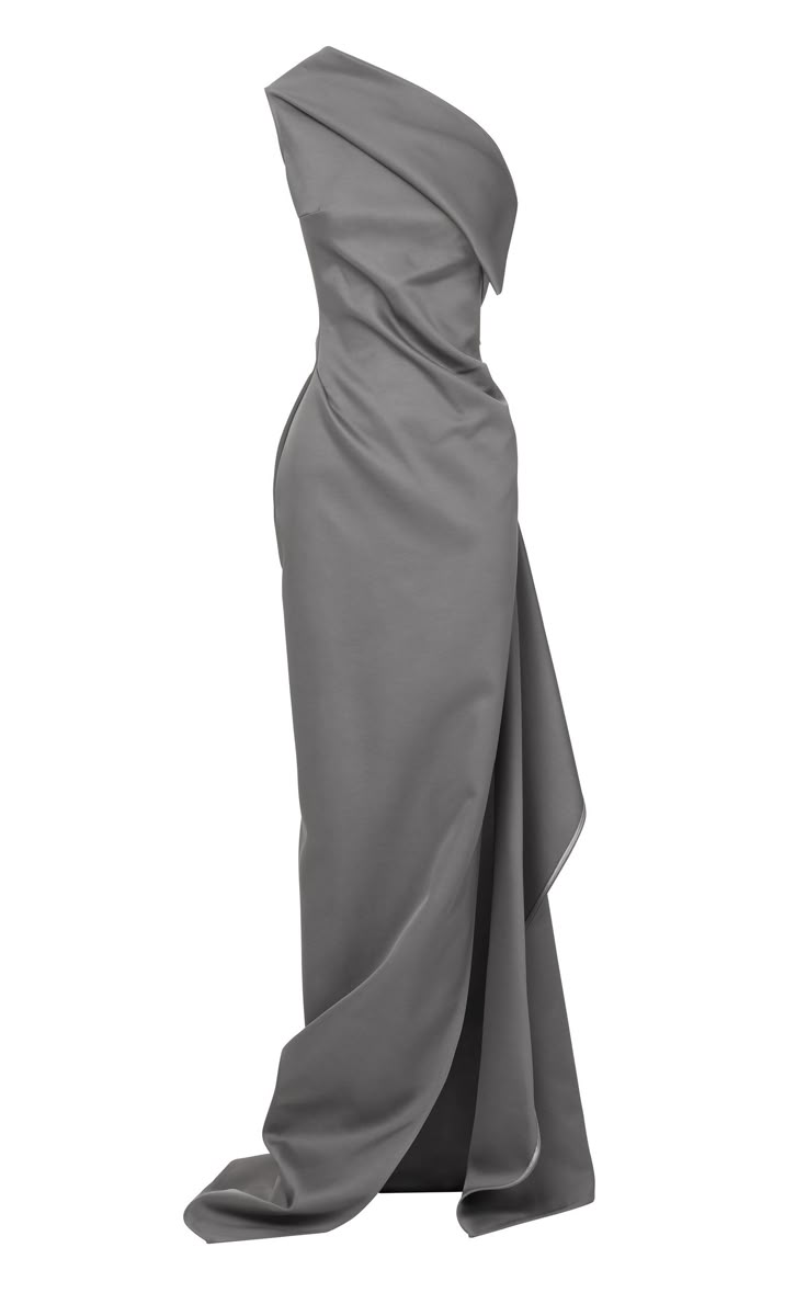 a long gray oneshoulder dress with draped detailing.