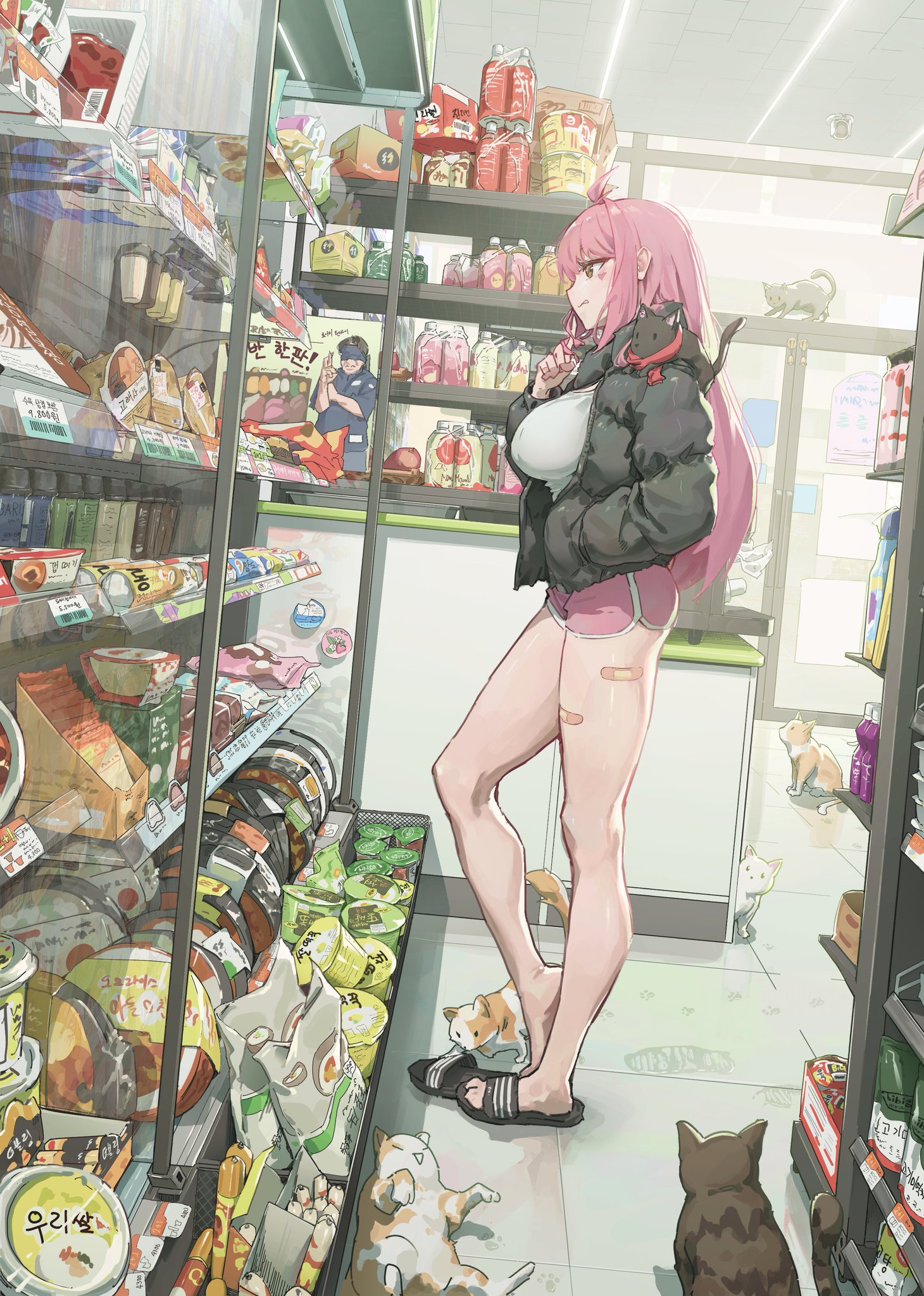 an animestyle image shows a woman with pink hair standing in a shop among cats. the woman wears a black jacket over a white top, pink shorts, and sandals. one of her legs has a bandage. she is positioned near a grocery shelf filled with food items. cats are surrounding her on the floor, and there are more cats elsewhere in the shop.