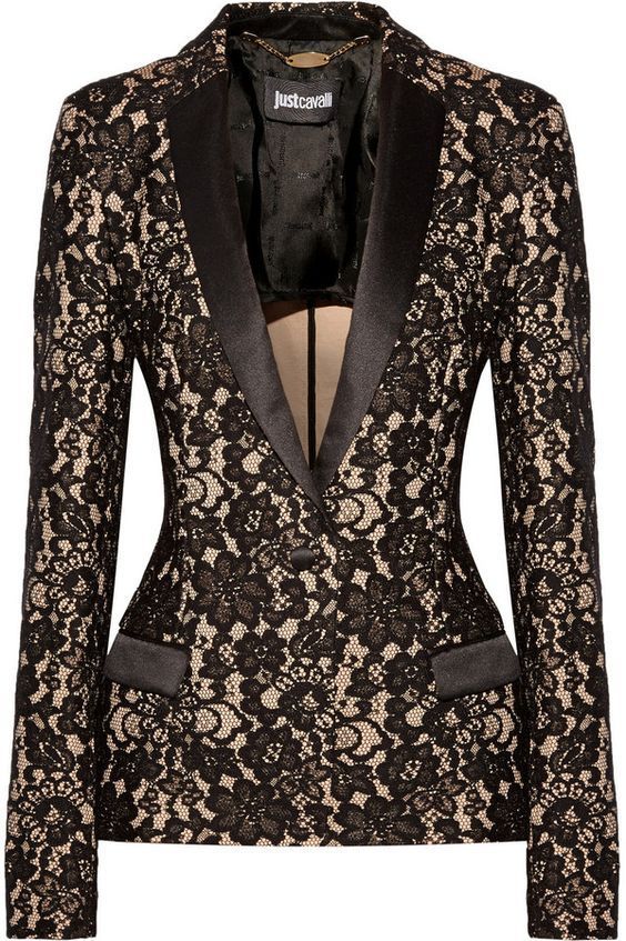 the image shows a black lace blazer with a floral pattern. it features a satin lapel, giving it a formal appearance. the blazer is lined and has a tailored fit. the label "just cavalli" can be seen inside the jacket.