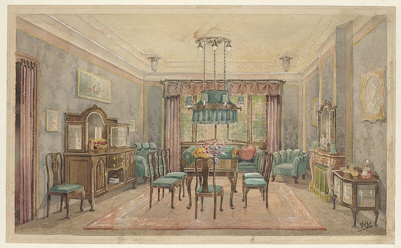 this is a watercolor drawing of an interior room. the room is furnished with a dining table and chairs in the center, a buffet and mirror on the left, a cabinet on the right, and armchairs near the window. a chandelier hangs above the dining table. the room has curtains and paintings on the walls. there is a carpet on the floor. the overall style suggests a traditional or vintage aesthetic.